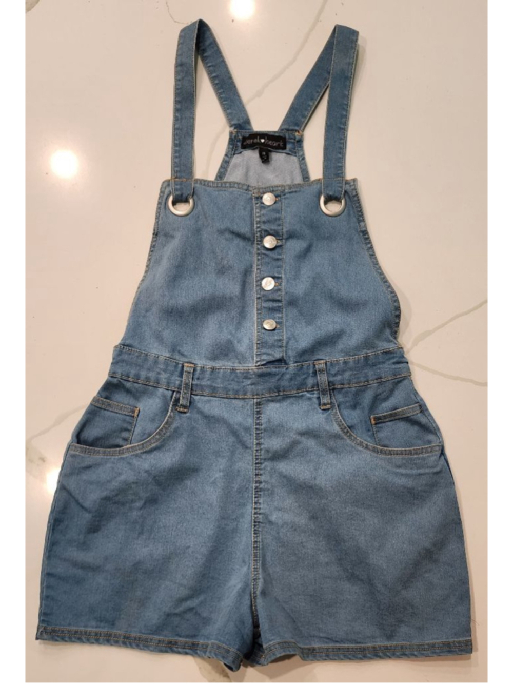 Derek Heart Denim Shortalls Size M Blue Jean Overalls Romper Button Front - Picture 1 of 11